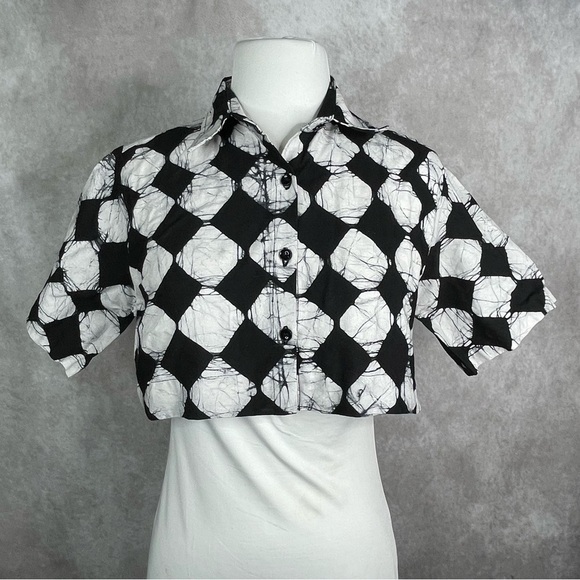 Studio 189 Cotton Cropped Camp Checkered Button Up Shirt In Black White Size S - Picture 3 of 7